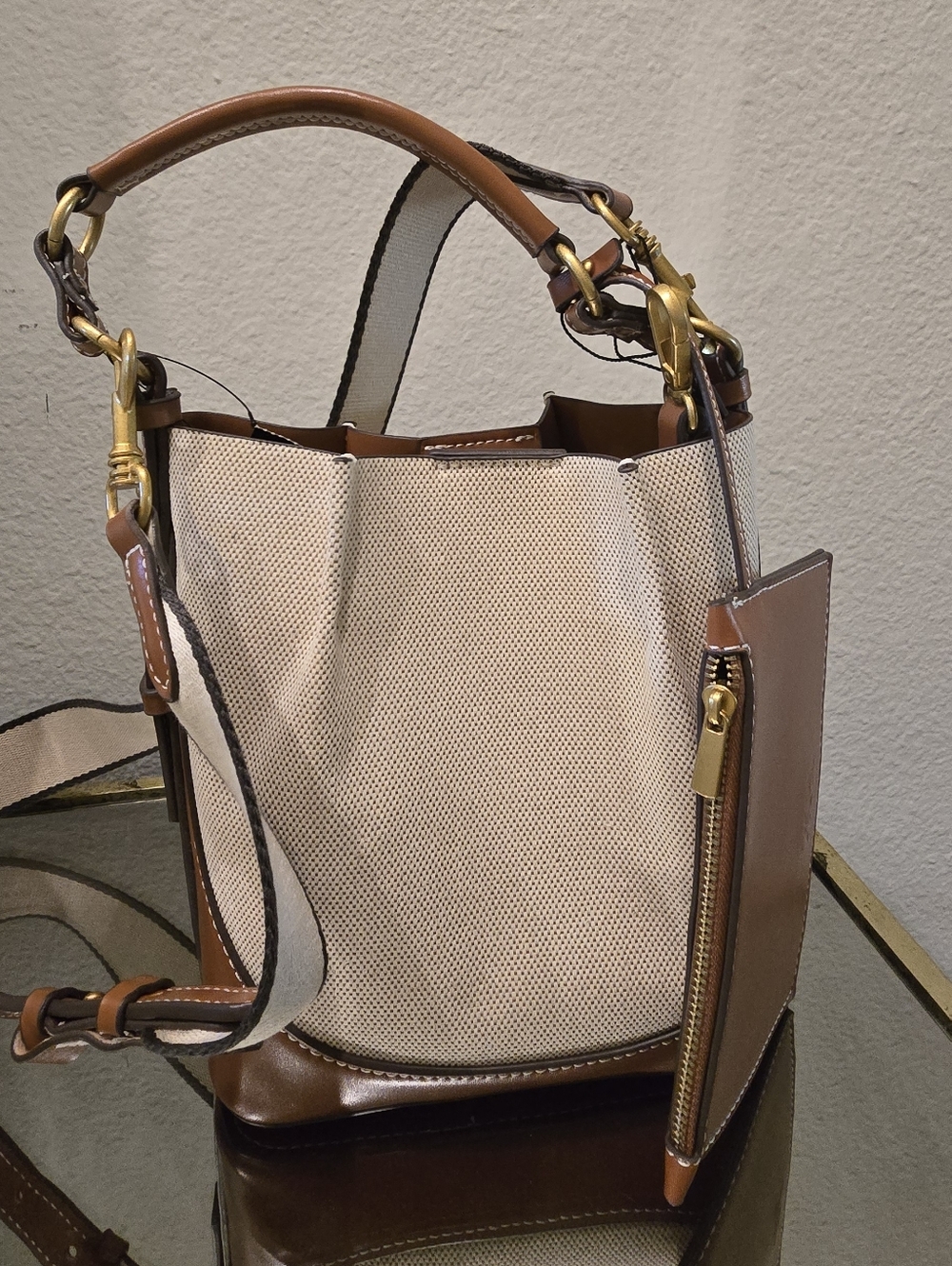 Zara leather-Trim Canvas Bucket Bag in Beige and Brown